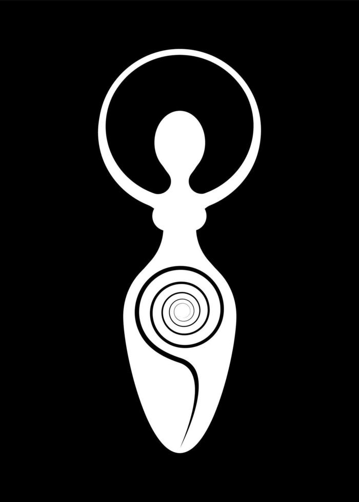 Wiccan Woman Logo, spiral goddess of fertility, Pagan Symbols, cycle of life, death and rebirth. Wicca mother earth symbol of sexual procreation, vector tattoo sign icon isolated on black background