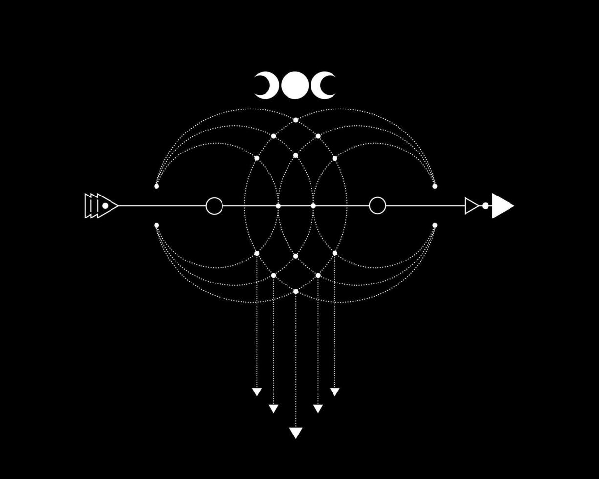 geometría sagrada, flecha mística y luna creciente, líneas punteadas en estilo boho, icono wiccan, alquimia esotérica mística mágica talismán celestial. vector de ocultismo espiritual aislado sobre fondo negro