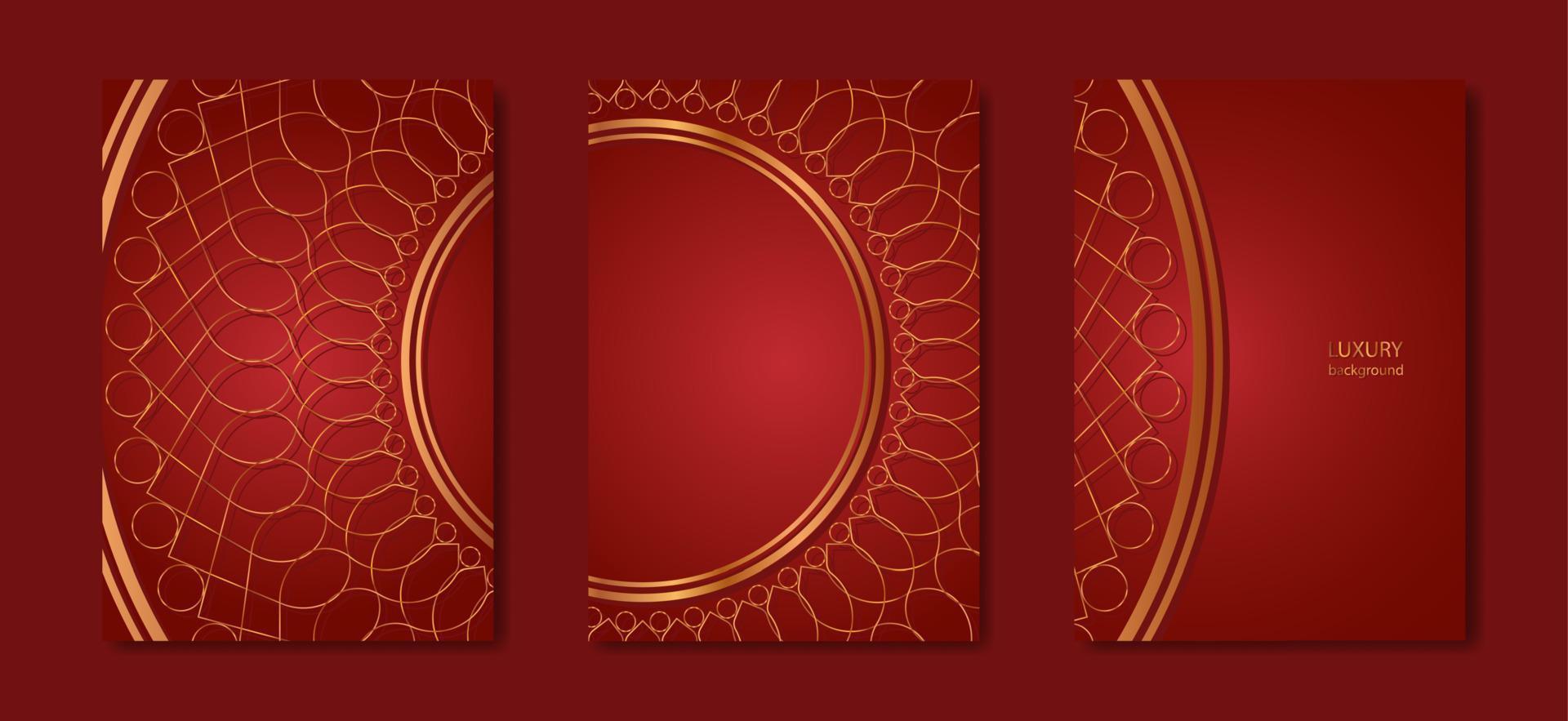 Set luxury red Card Decorative round gold frame Mandala for design with floral ornament. Circle border template for printing postcards, invitations, books, engraving, wooden furniture, forging. Vector