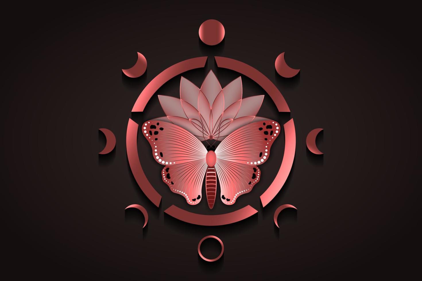 Sacred lotus flower and rose gold butterfly with engraving and Moon Phases. Wiccan symbol, full moon, waning, waxing, first quarter, gibbous, crescent, third quarter. Vector logo isolated on black