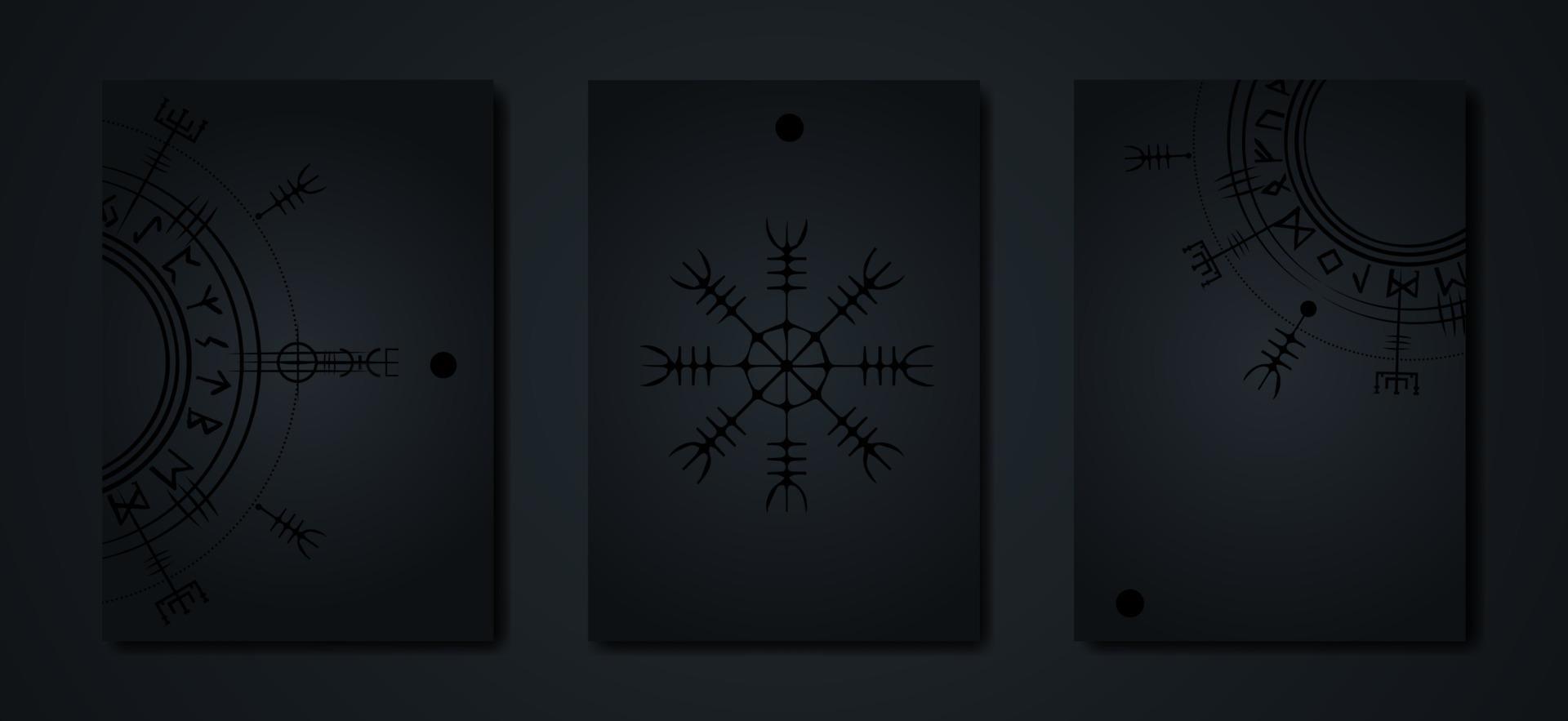 Black card set collection of Magic ancient viking art deco, dark Vegvisir navigation compass ancient. Vikings symbols, Norse mythology, total black Logo template icon Wiccan esoteric sign vector