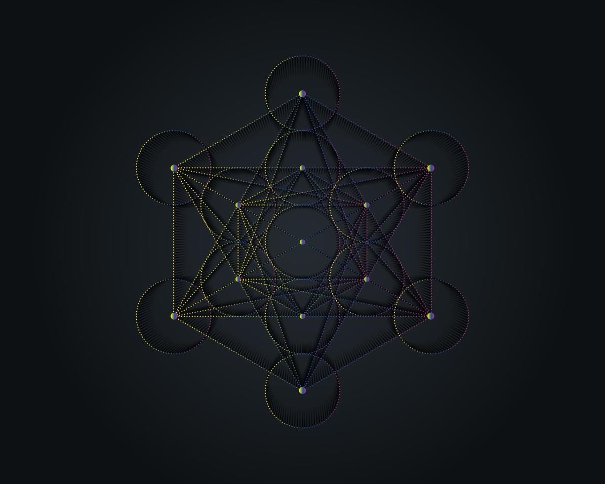 Metatrons Cube, Flower of Life. Sacred geometry. Mystic icon platonic solids Merkabah, abstract geometric colorful gradient design, crop circles sign. Graphic logo element Vector isolated  on black