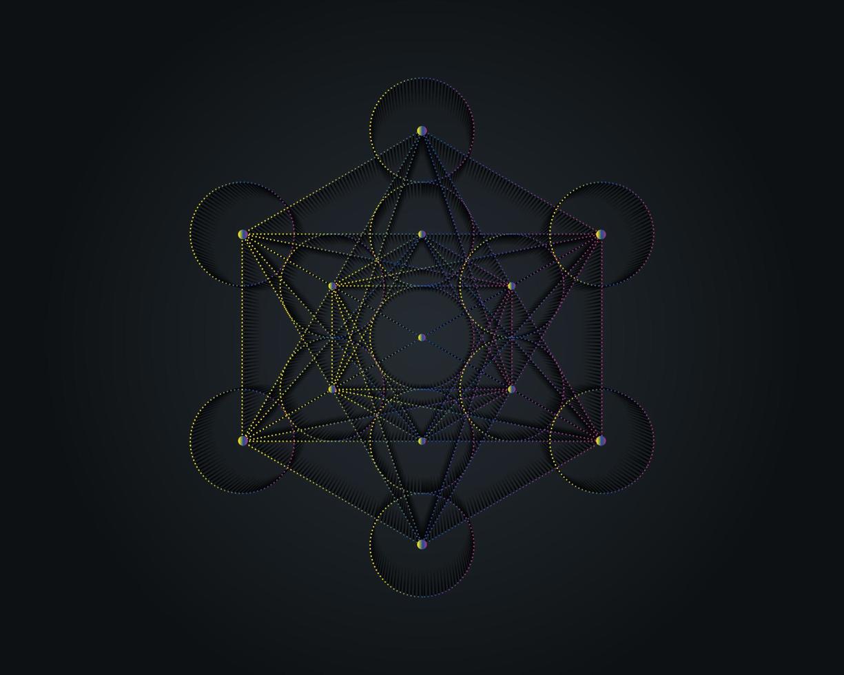 cubo de metatrones, flor de la vida. geometría sagrada. icono místico sólidos platónicos merkabah, diseño de degradado colorido geométrico abstracto, signo de círculos de cultivo. vector de elemento de logotipo gráfico aislado en negro