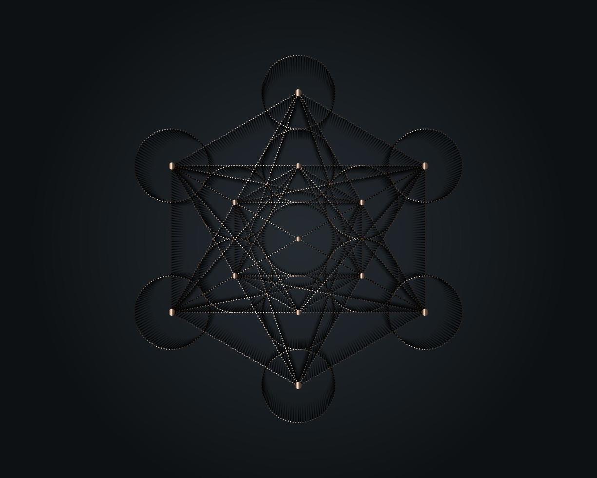Metatrons Cube, Flower of Life. Gold Sacred geometry. Mystic icon platonic solids Merkabah, abstract geometric metallic design, crop circles sign. Graphic logo element Vector isolated  on black