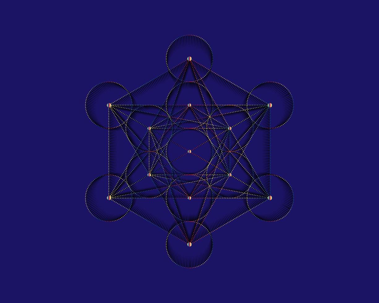 Metatrons Cube, Flower of Life. Sacred geometry. Mystic icon platonic solids Merkabah, abstract geometric colorful gradient design, crop circles sign. Graphic logo element Vector isolated  on blue