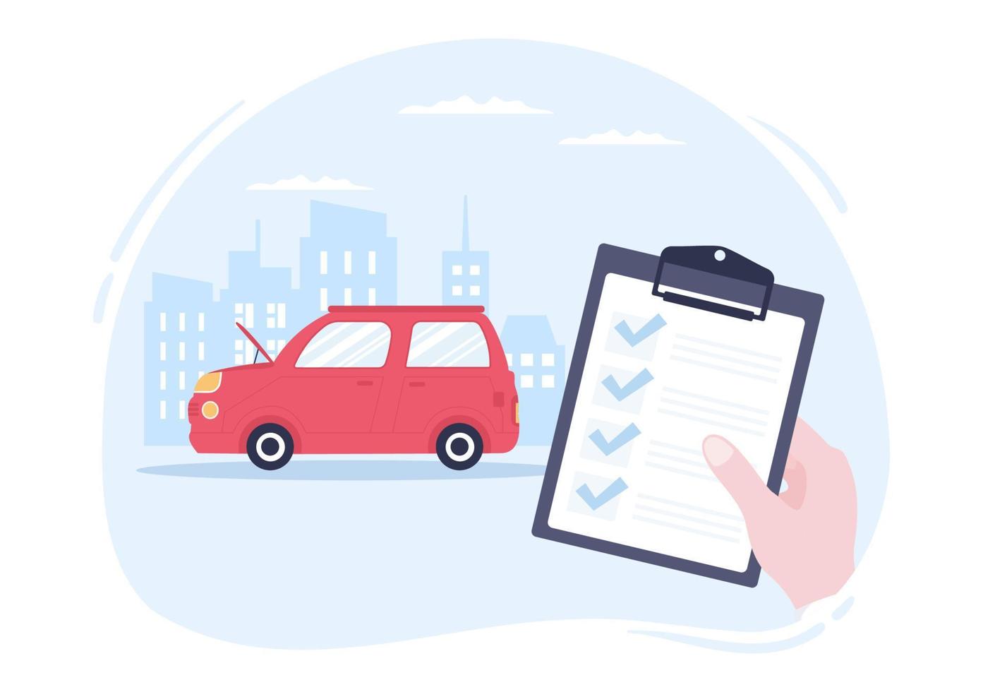 Car Inspection of The Station Detects Faults, Draws up a Checklist of All Breakdowns, Repair and Analysis Transport in Flat Cartoon Illustration vector