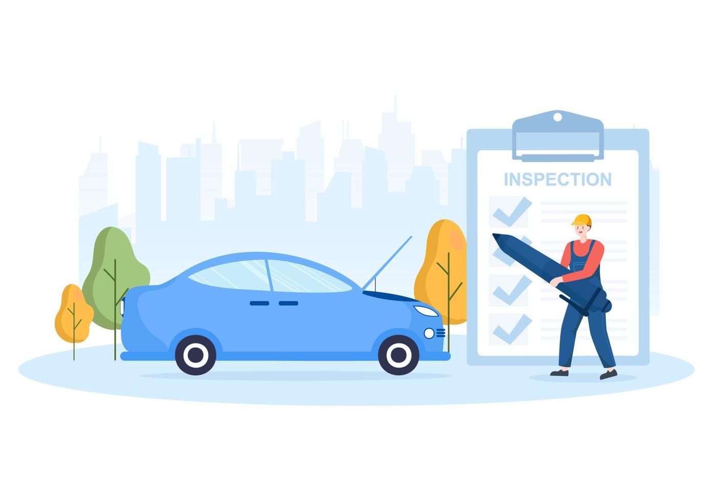 Car Inspection of The Station Detects Faults, Draws up a Checklist of All Breakdowns, Repair and Analysis Transport in Flat Cartoon Illustration vector