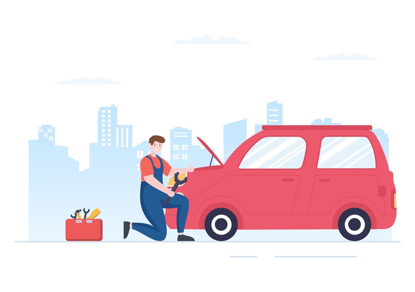 Car Inspection of The Station Detects Faults, Draws up a Checklist of All Breakdowns, Repair and Analysis Transport in Flat Cartoon Illustration vector