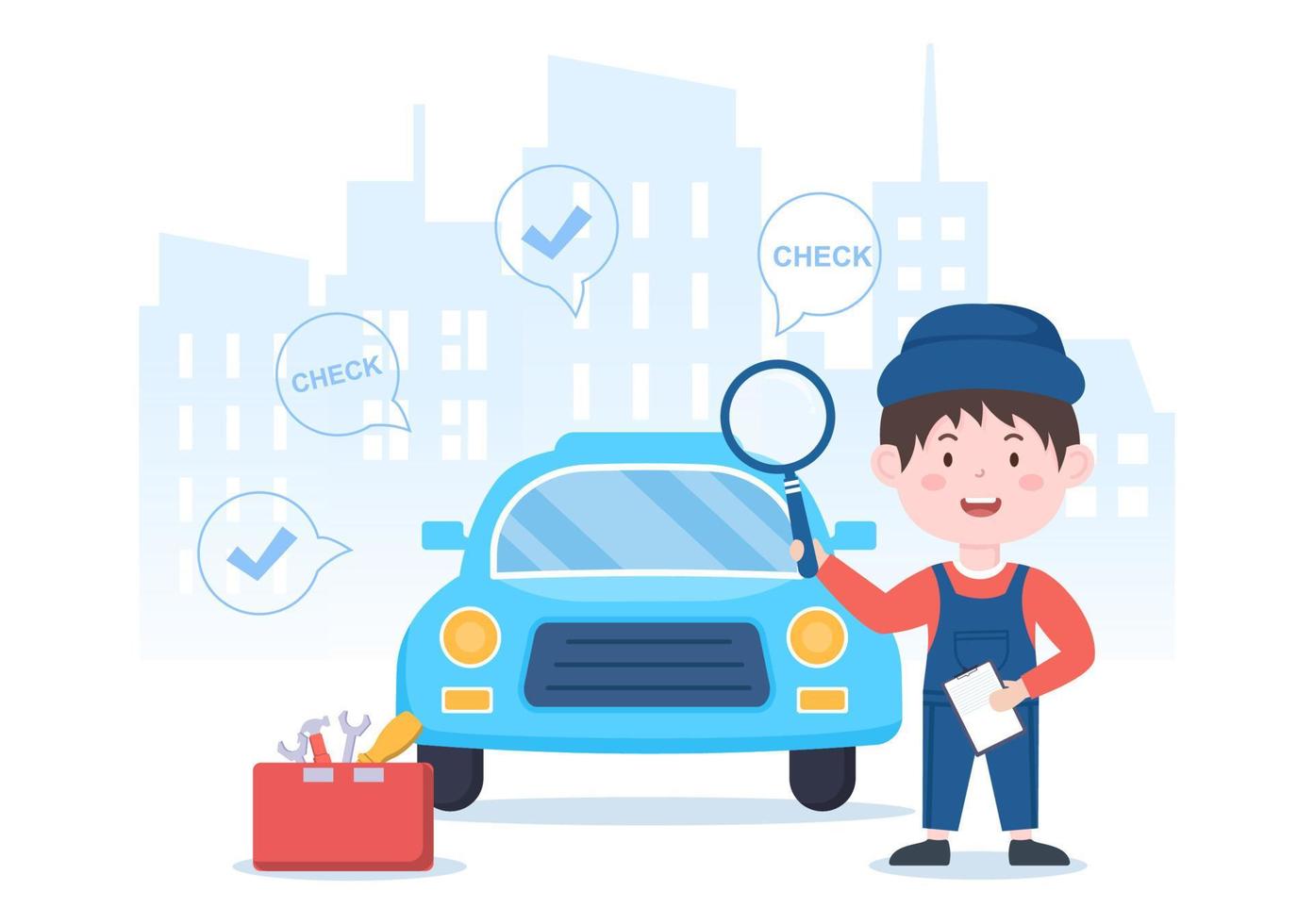 Car Inspection of The Station Detects Faults, Draws up a Checklist of All Breakdowns, Repair and Analysis Transport in Flat Cartoon Illustration vector