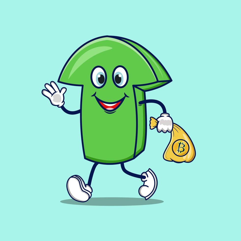 personaje de flecha de toro con lindo personaje sosteniendo bitcoin vector