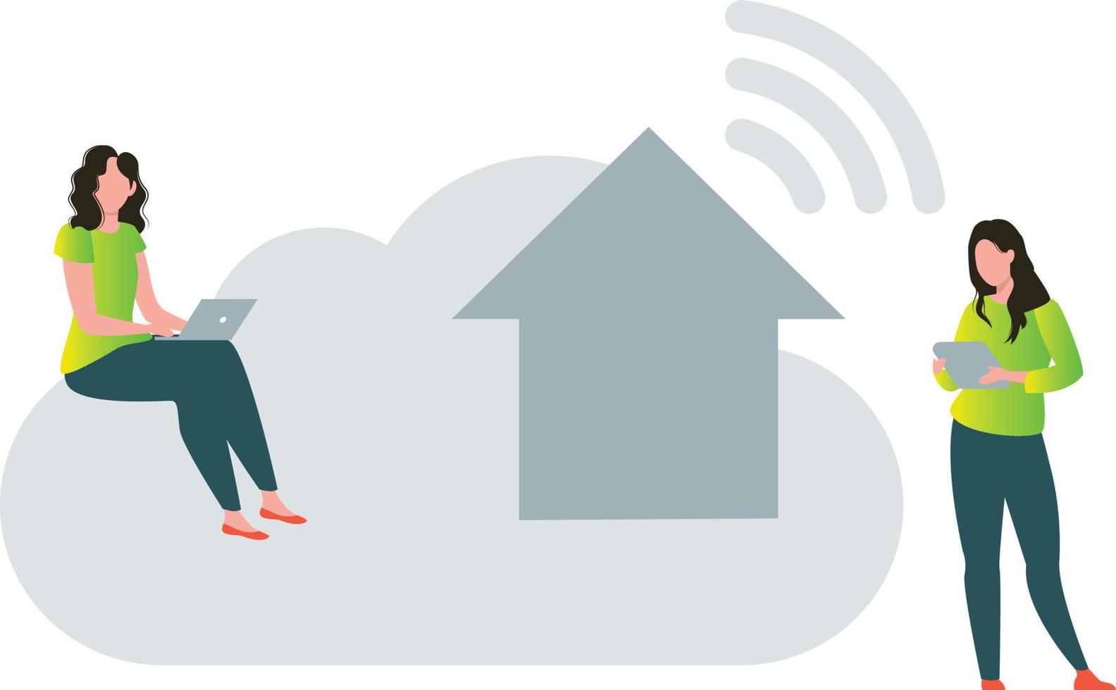 The girls are working on uploading the cloud. vector