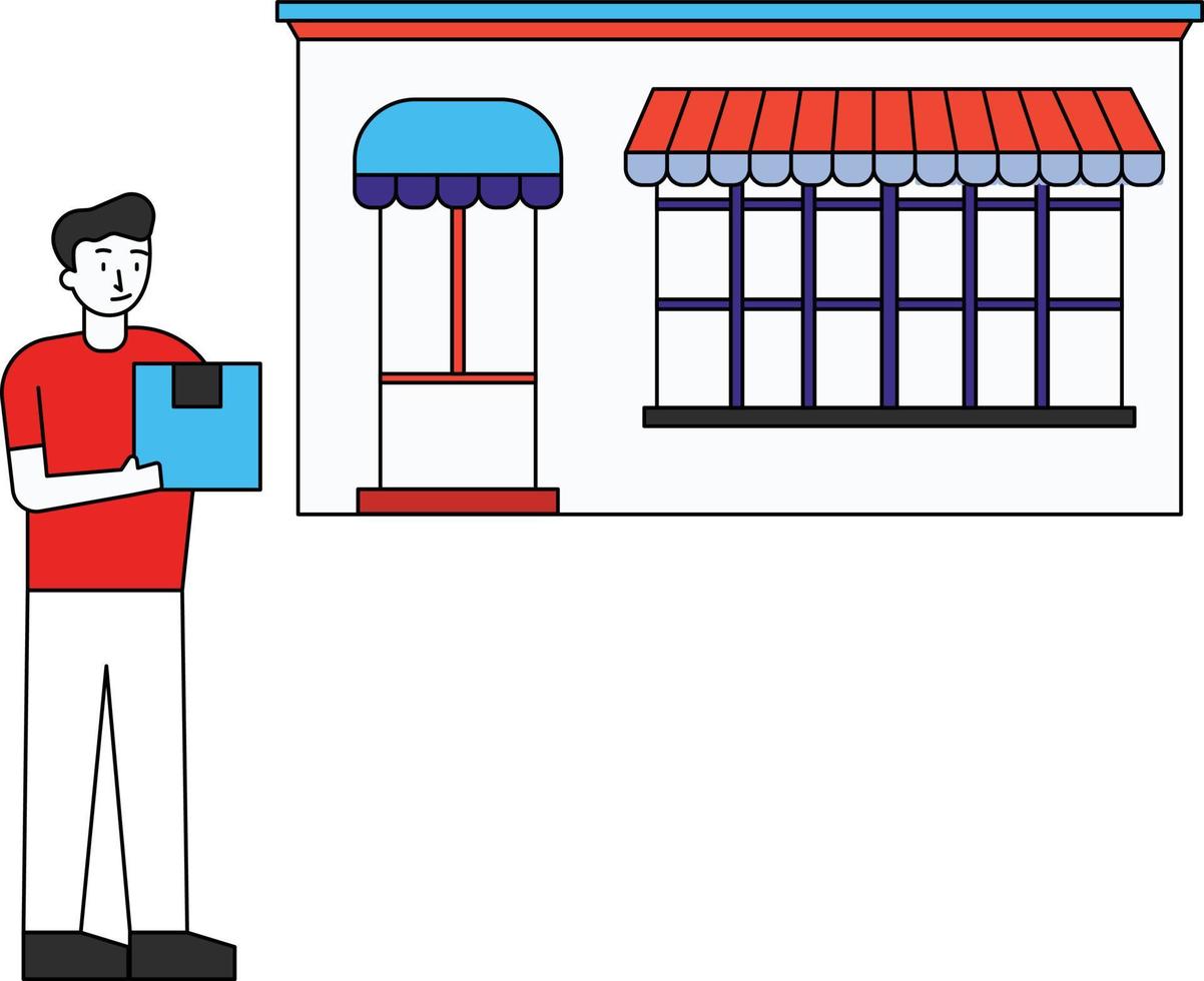 The boy is standing outside a store with a package. vector