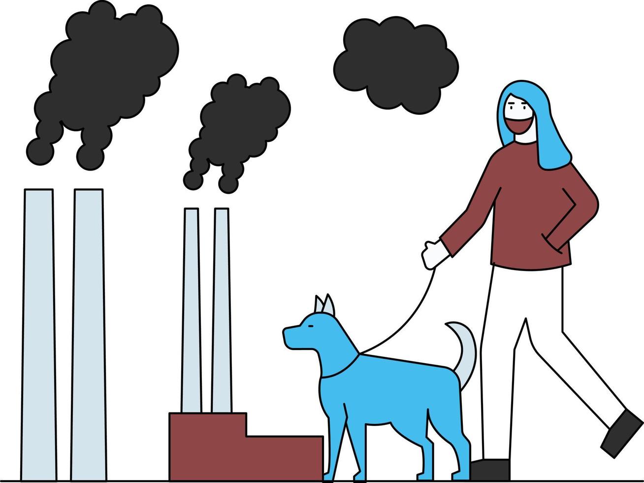 The girl is wearing a mask due to factory contamination. vector