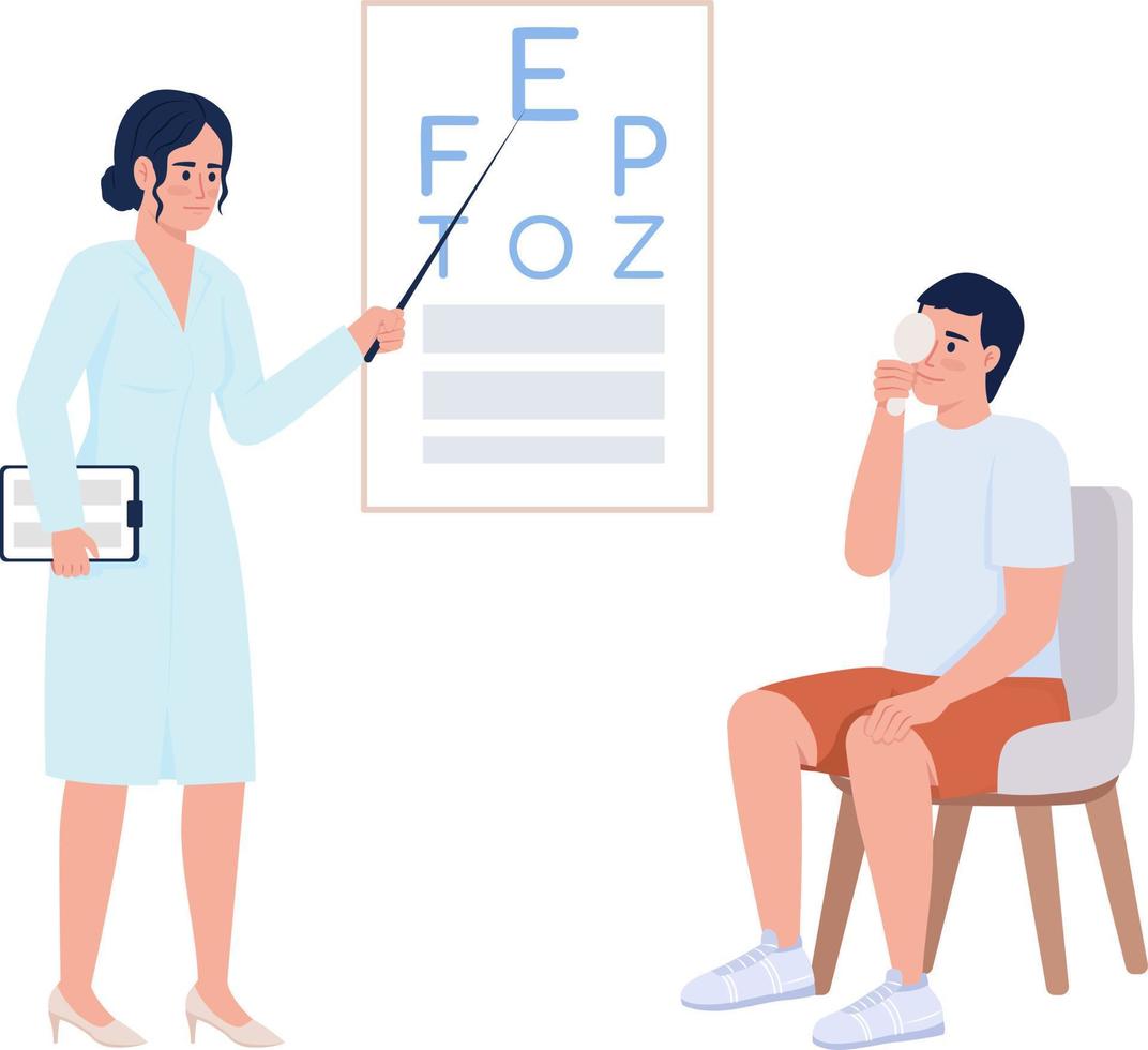 Patient undergoing eyesight checkup with doctor semi flat color vector characters