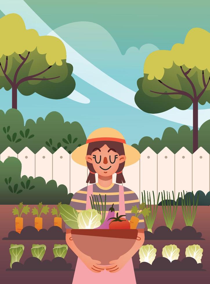 una niña cosechando frutas y verduras en el jardín de su casa vector