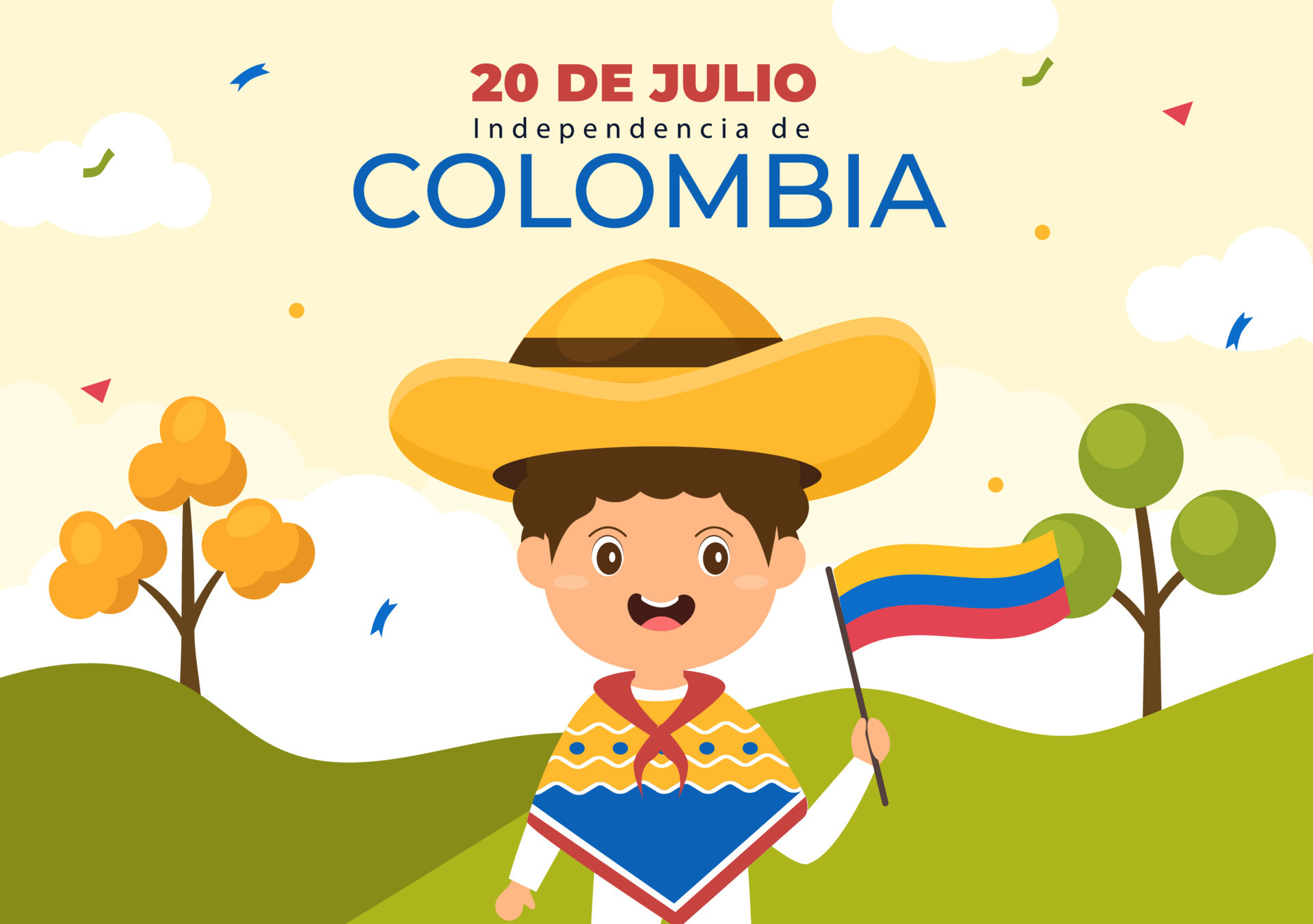 20 de julio independencia de colombia ilustración de dibujos animados con  banderas, globos y personajes de niños lindos para el diseño de carteles  7853455 Vector en Vecteezy