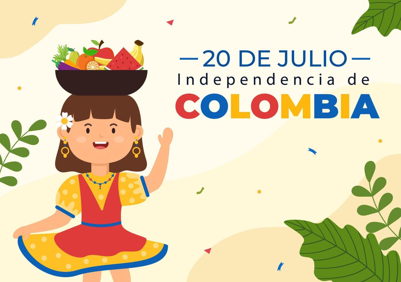 20 de julio independencia de colombia ilustración de dibujos animados con banderas, globos y personajes de niños lindos para el diseño de carteles vector