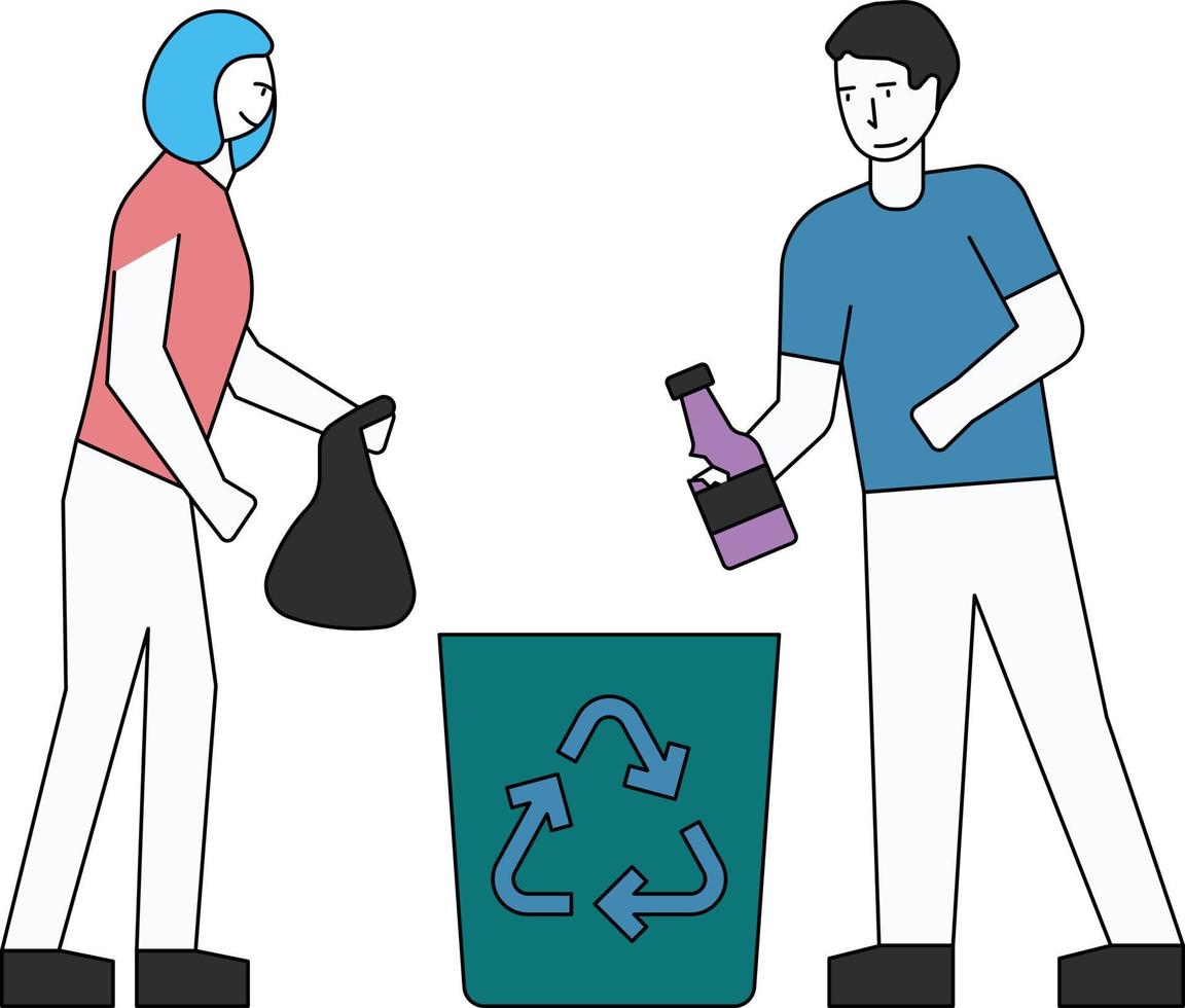 Boy and girl are throwing garbage in the recycle bin. vector