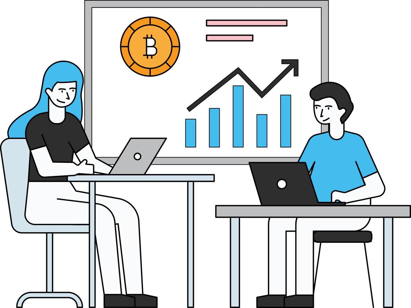 Boy and girl are working on bitcoin graph development. vector