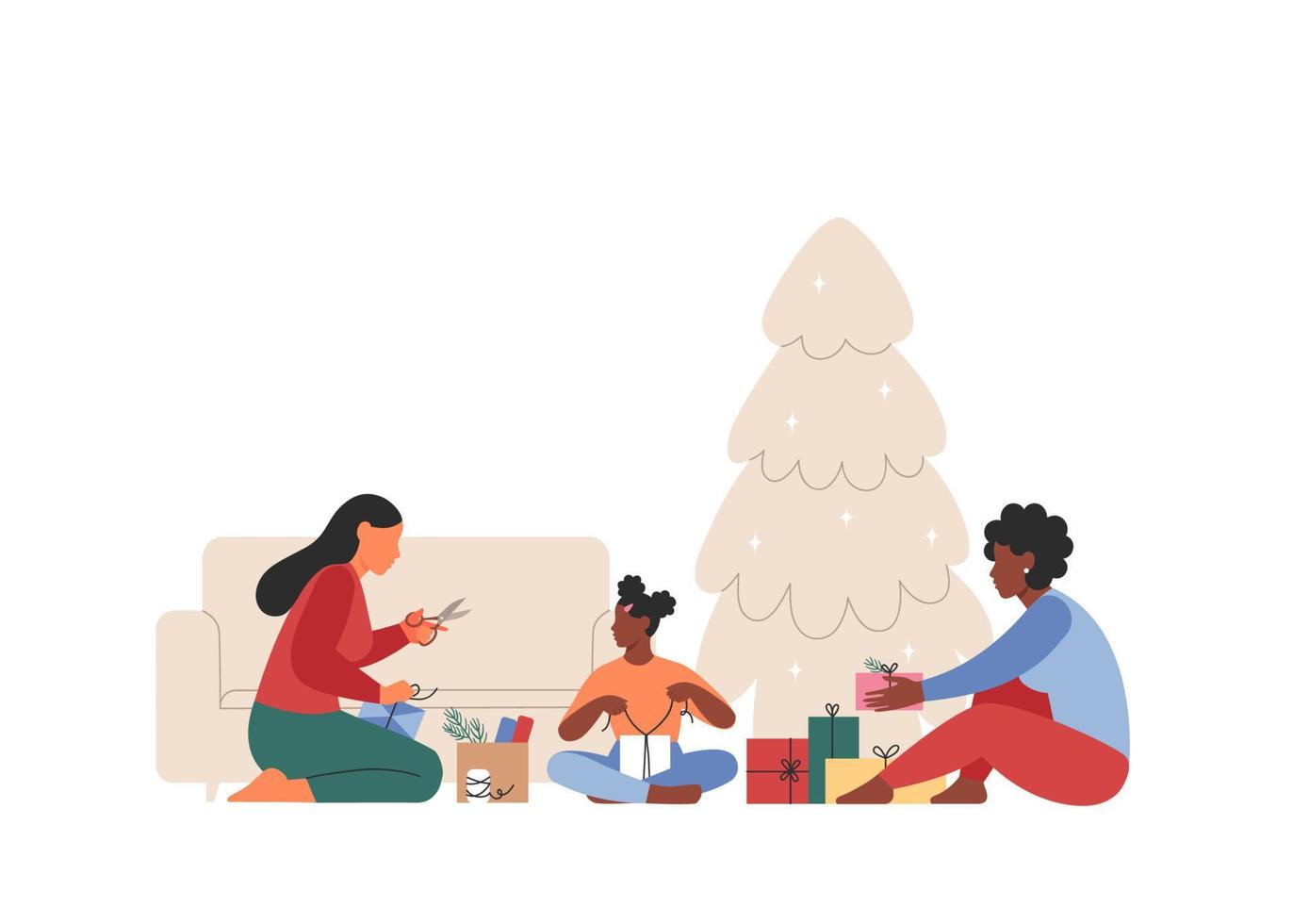 familia con niños haciendo y empacando regalos en el fondo de un árbol de navidad. la gente prepara regalos para familiares y amigos. ilustración vectorial plana. vector