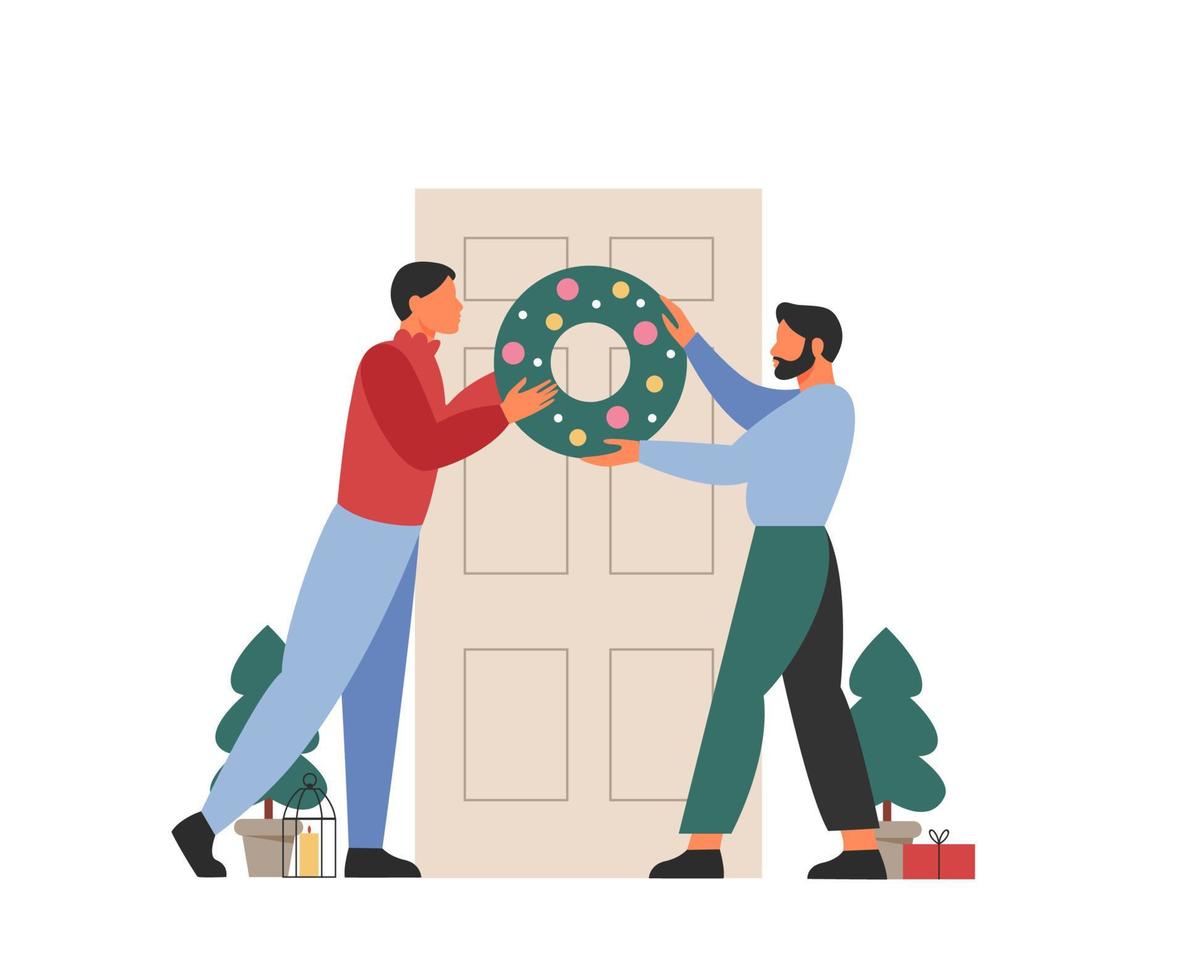 pareja lgbt cuelga una corona de navidad en la puerta. la familia decora la casa para la celebración navideña. ilustración vectorial plana. vector