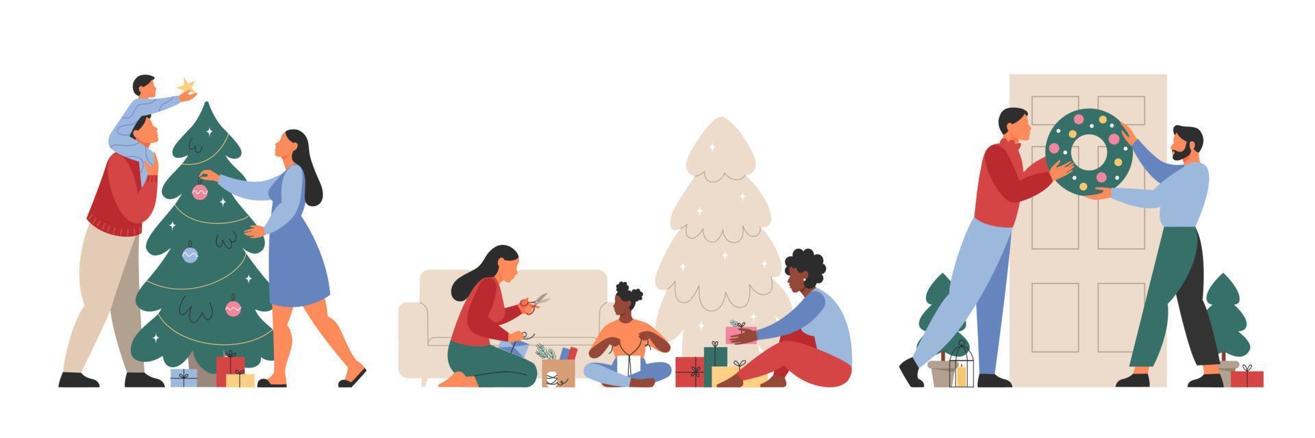 Set of different families are preparing for Christmas. People make and pack presents, hang wreaths, and decorate Christmas tree. Flat vector illustration.