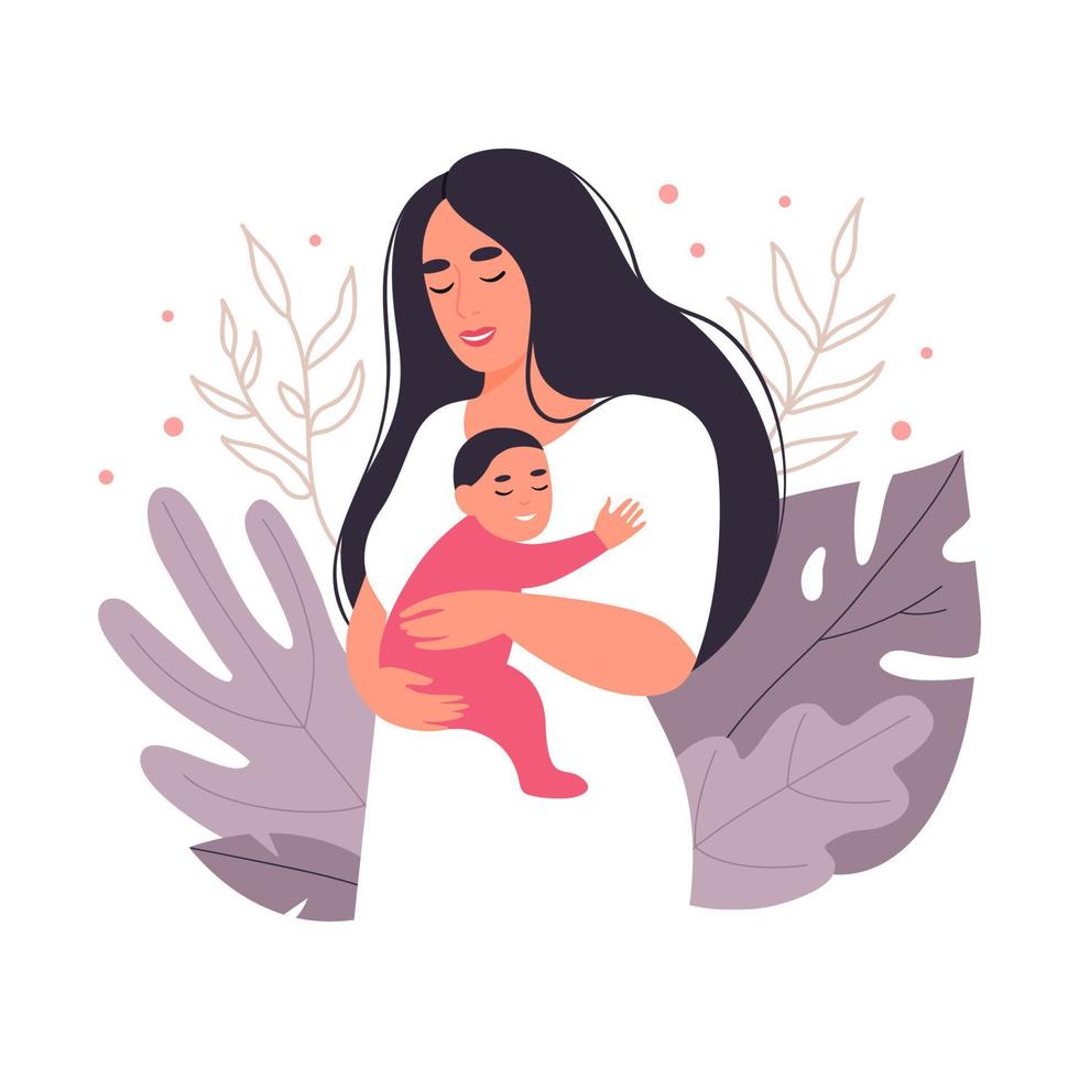 Woman with a newborn baby. Mother shows care and love for the baby. Concept of motherhood. Flat vector illustration.