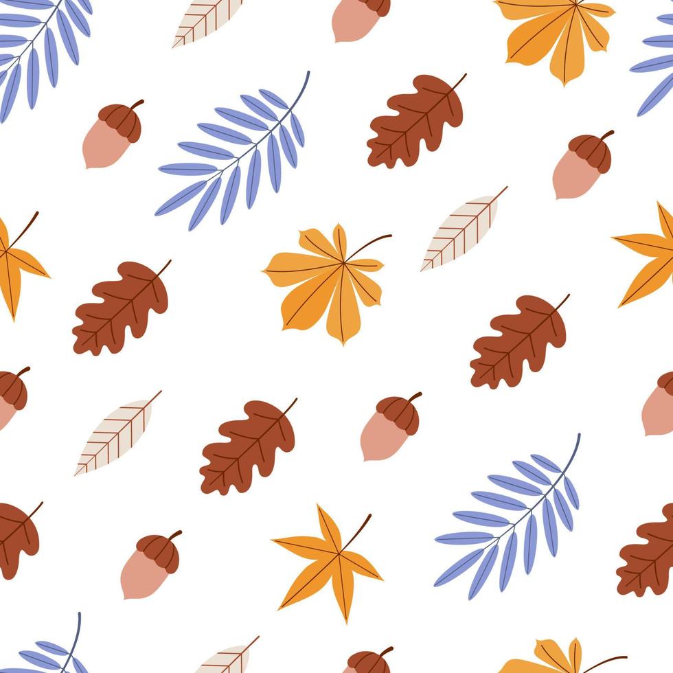 Vector seamless pattern with leaves of oak, rowan, maple and acorns. Flat vector illustration.