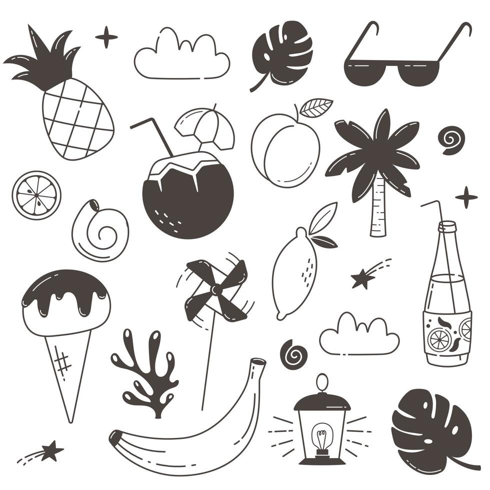 collection set of hand drawn tropical fruits and summer holiday items. Doodle, sunglasses, coconut, pineapple, lemon, shells, tropical leaves, palm tree, corals, clouds, breeze, sparkling water, peach vector