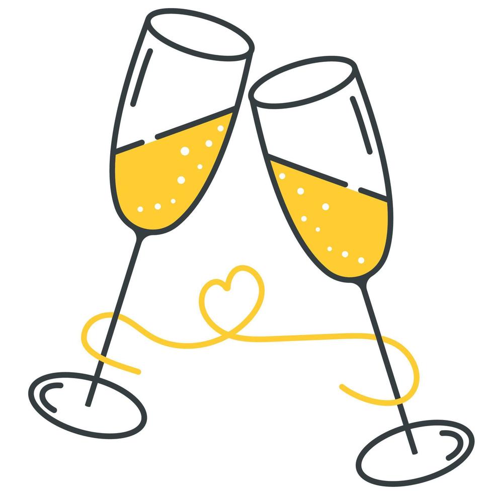Two glasses with champagne on a white background. Sparkling wine in glass glasses. Valentine's Day February 14th. Lovers. Vector line graphics. Icon, sticker.
