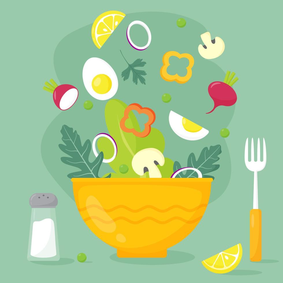 cartel colorido con ensalada de verduras de rábanos, champiñones, huevos, paprika, lechuga y cebolla. conjunto de alimentos saludables sobre un fondo verde. la imagen también presenta sal, un tenedor y una ensaladera. vector