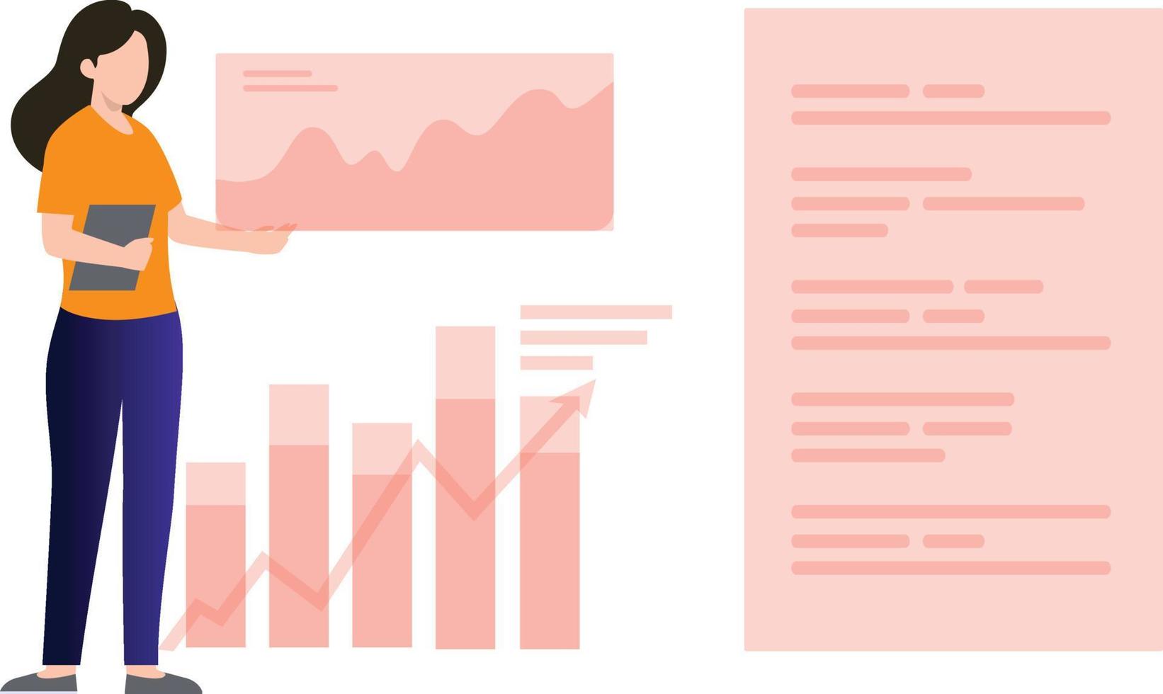 The girl is looking at the graph bars. vector