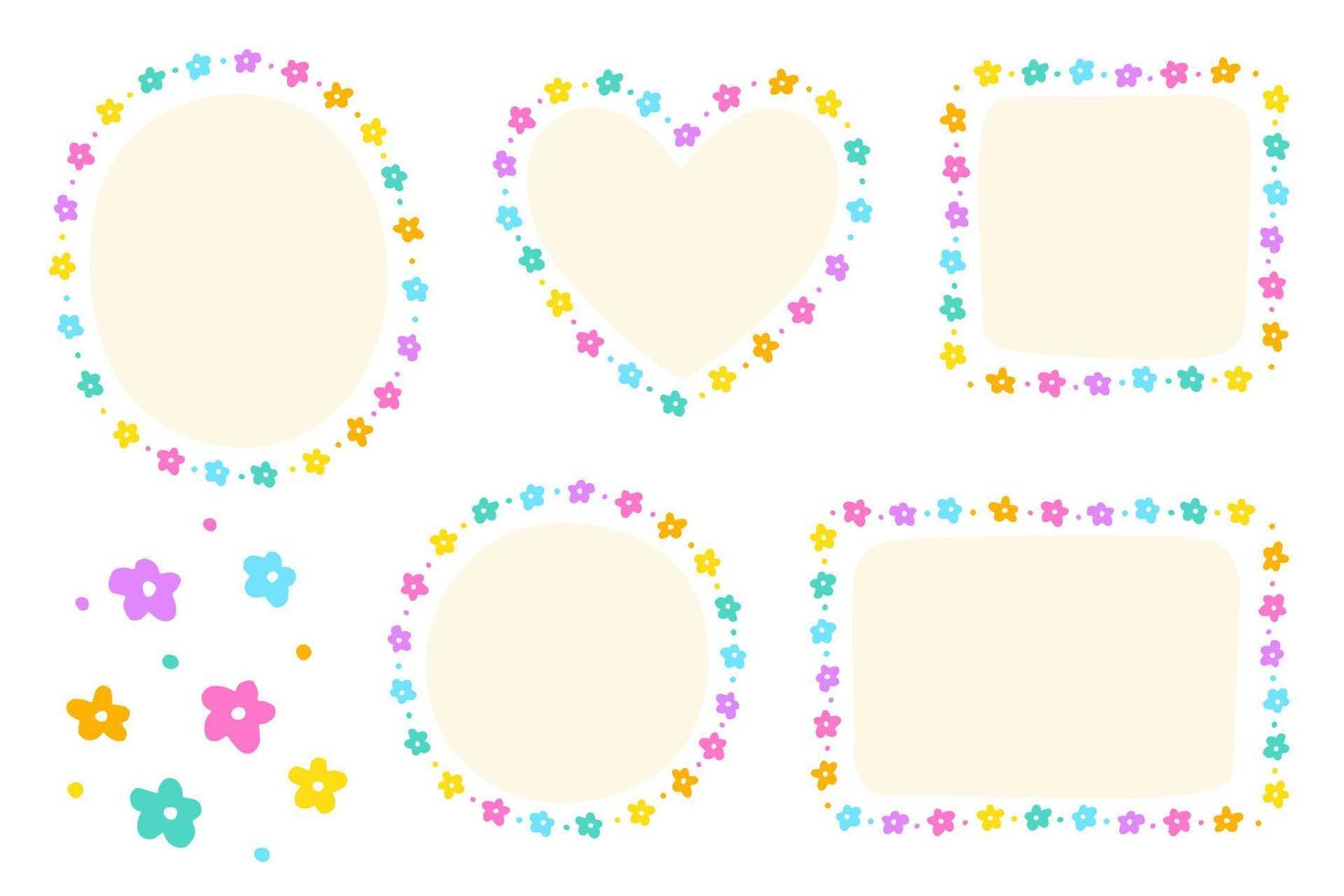 Bright Colorful Daisy Flower Dash Line Doodle Hand Drawing Drawn Heart Circle Square Oval Rectangle Sticky note Shape Borders Frames Plate Sticky Note Set Collection Background Vector Illustration