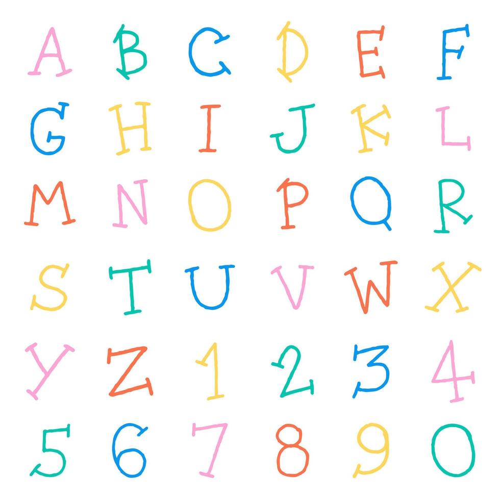 Cute Children Kids Font Letter Cartoon Style Hand Drawing Drawn Colorful All Cap English Alphabet Numeric Number Character Small Doodle Line Set Collection Flat isolated vector illustration Background