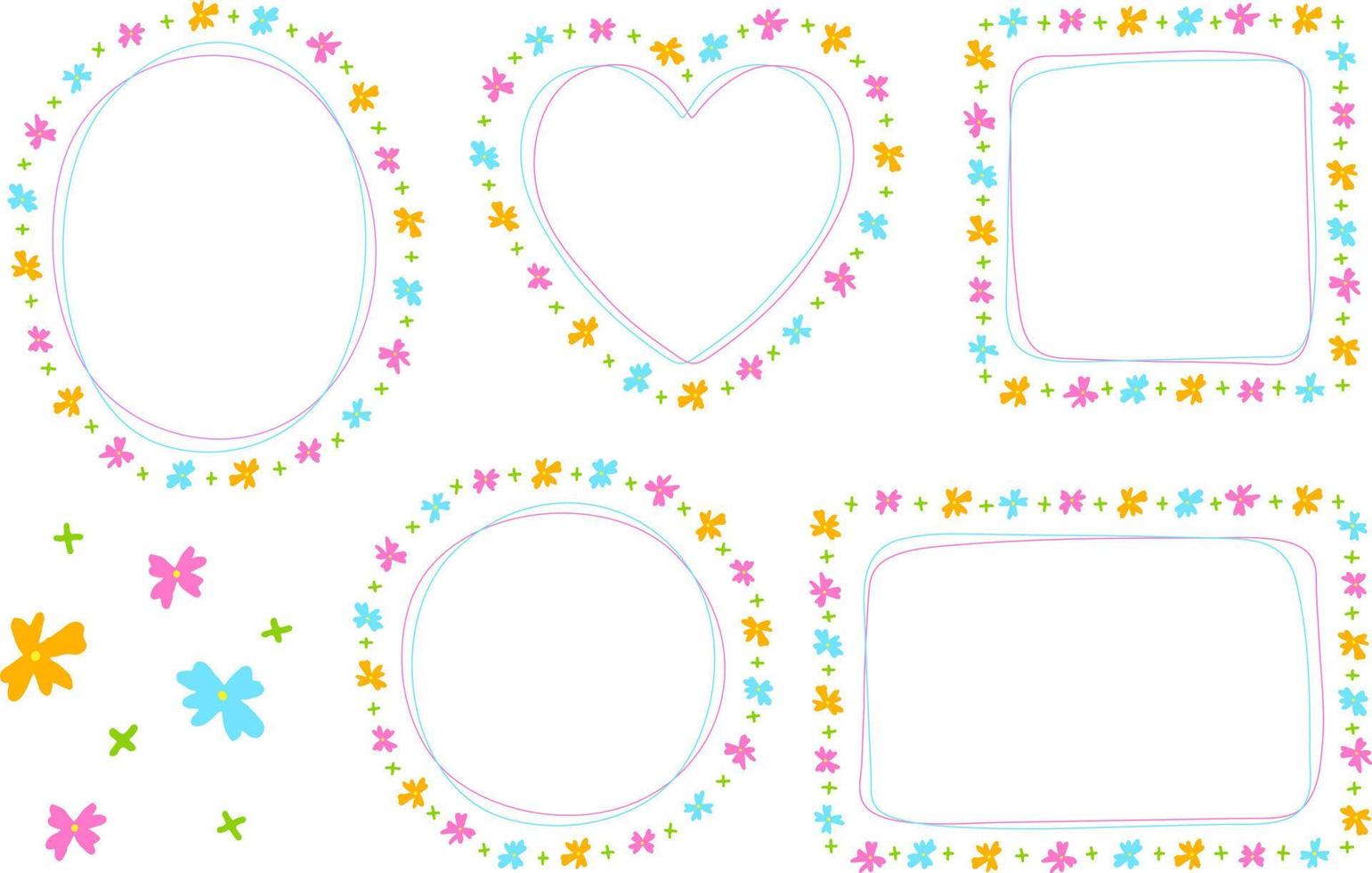 Abstract Bright Pink Orange Blue Flower Daisy Doodle Hand Drawing Drawn Heart Circle Square Oval Rectangle Sticky note Shape Line Borders Frames Plate Set Collection Background Vector Illustration