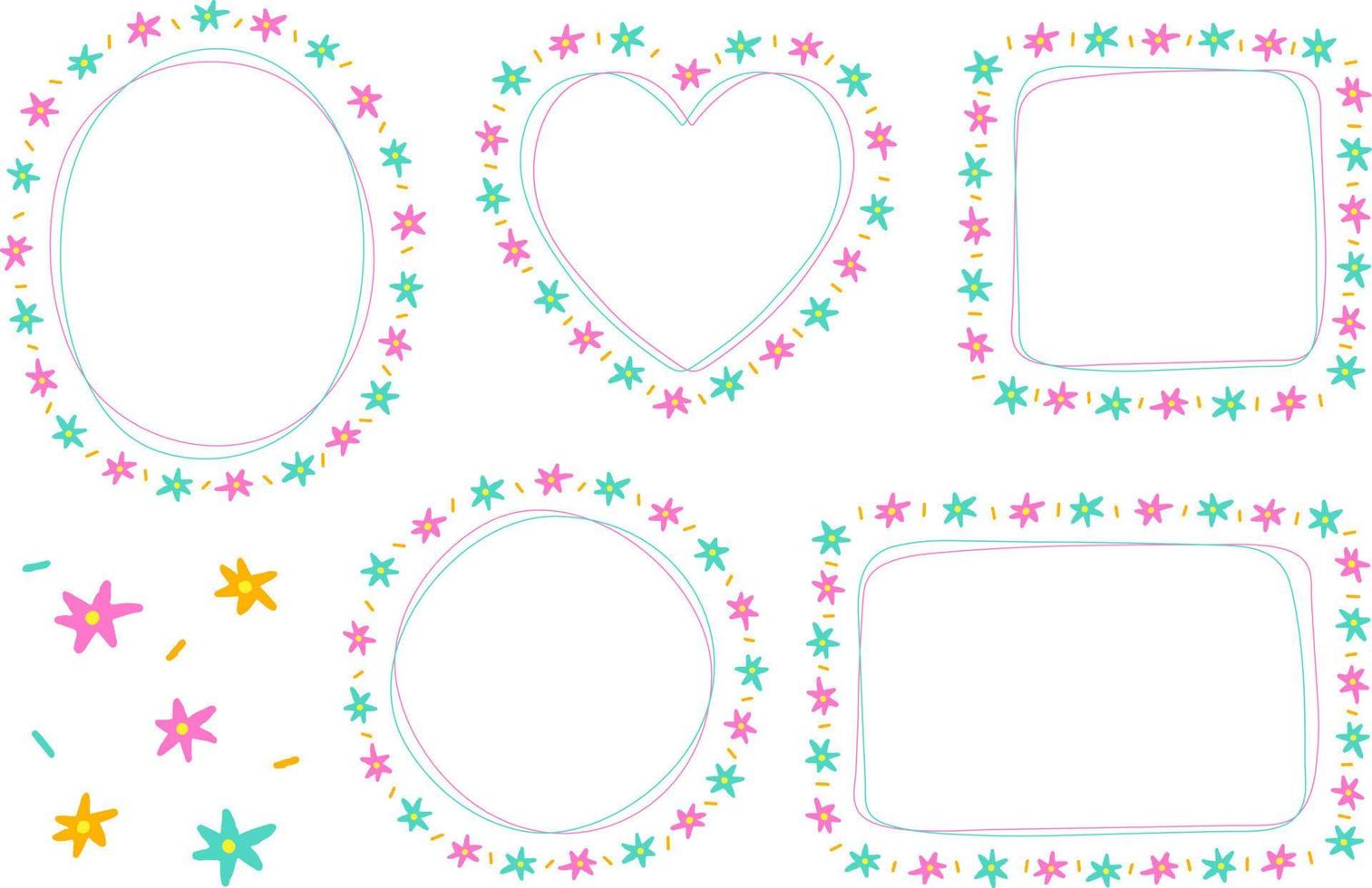 Abstract Bright Green Pink Daisy Star Flower Doodle Hand Drawing Drawn Heart Circle Square Oval Rectangle Sticky note Shape Line Borders Frames Plate Set Collection Background Vector Illustration