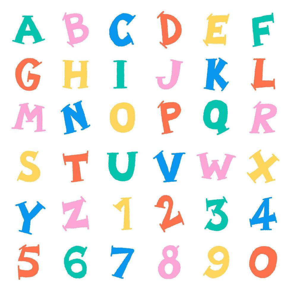 Cute Children Kids Font Letter Cartoon Style Hand Drawing Drawn Colorful All Cap English Alphabet Numeric Number Character Thick Doodle Line Set Collection Flat isolated vector illustration Background