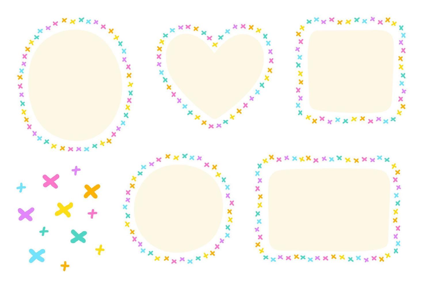 Bright Colorful Cross Multiply Dash Line Doodle Hand Drawing Drawn Heart Circle Square Oval Rectangle Sticky note Shape Borders Frames Plate Sticky Note Set Collection Background Vector Illustration