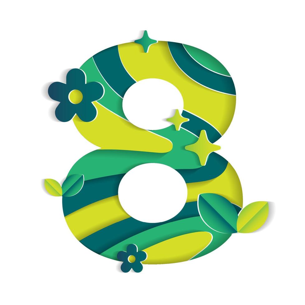 8 Numeric Number Character Environmental Eco Environment Day Leaf Font Letter Cartoon Style Abstract Paper Sparkle Shine Green Mountain Geography Contour 3D Paper Layer Cutout Card Vector Illustration