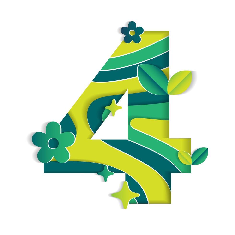 4 Numeric Number Character Environmental Eco Environment Day Leaf Font Letter Cartoon Style Abstract Paper Sparkle Shine Green Mountain Geography Contour 3D Paper Layer Cutout Card Vector Illustration