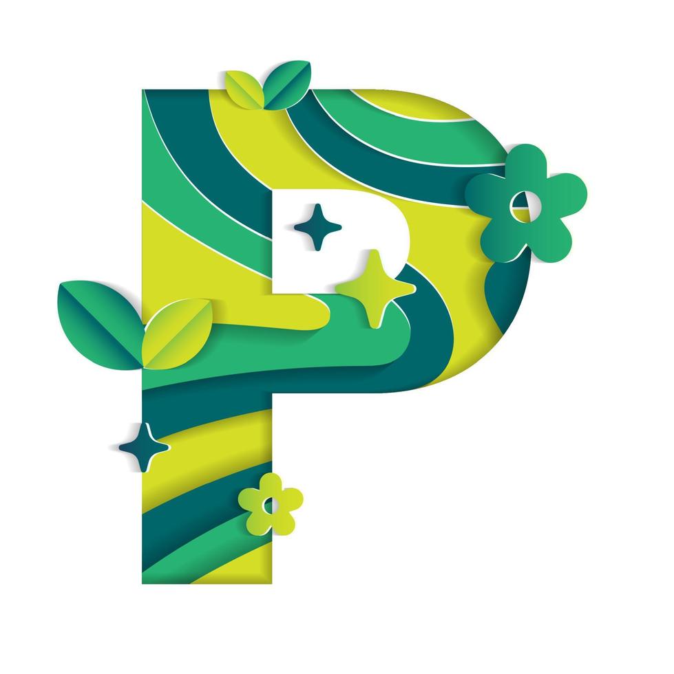 P Alphabet Character Environmental Eco Environment Day Leaf Font Letter Cartoon Style Abstract Paper Sparkle Shine Green Mountain Geography Contour Map 3D Paper Layer Cutout Card Vector Illustration