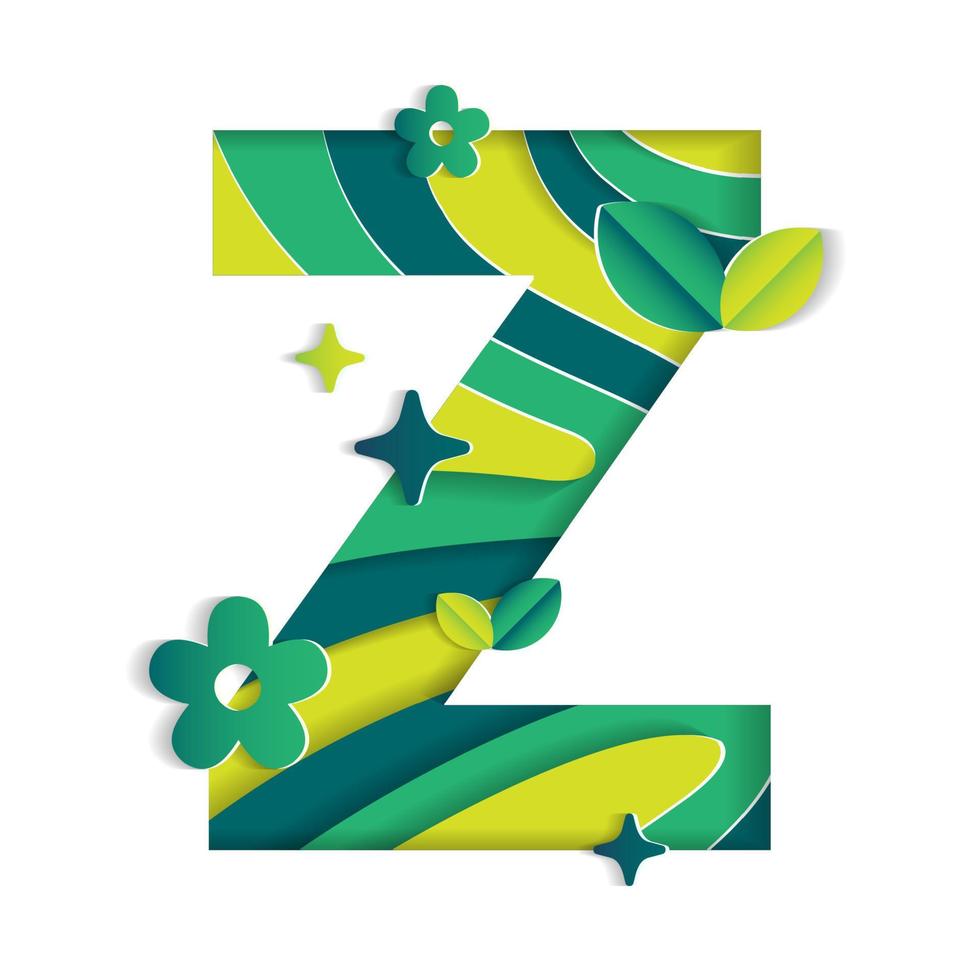 Z Alphabet Character Environmental Eco Environment Day Leaf Font Letter Cartoon Style Abstract Paper Sparkle Shine Green Mountain Geography Contour Map 3D Paper Layer Cutout Card Vector Illustration