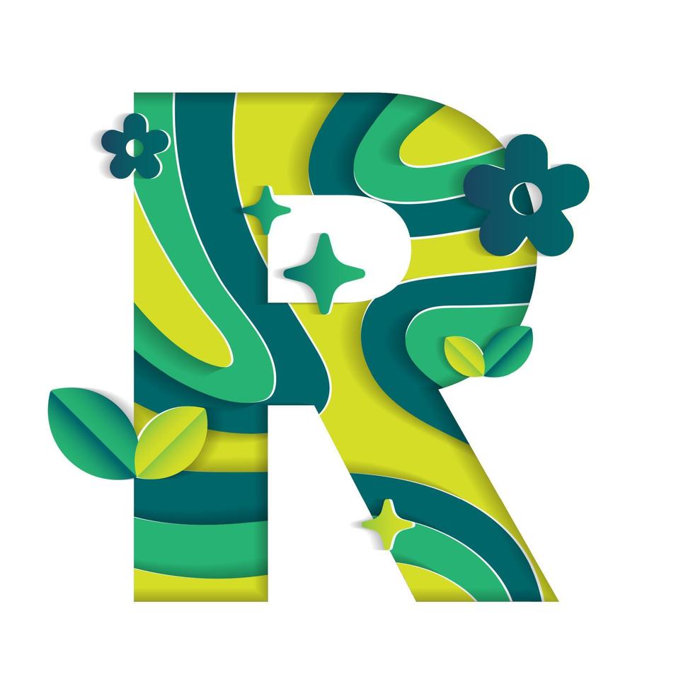 R Alphabet Character Environmental Eco Environment Day Leaf Font Letter Cartoon Style Abstract Paper Sparkle Shine Green Mountain Geography Contour Map 3D Paper Layer Cutout Card Vector Illustration