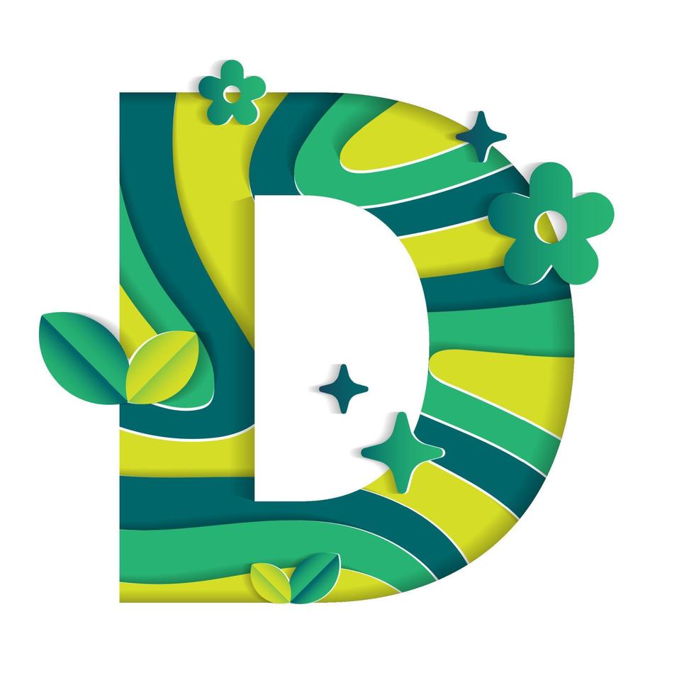 D Alphabet Character Environmental Eco Environment Day Leaf Font Letter Cartoon Style Abstract Paper Sparkle Shine Green Mountain Geography Contour Map 3D Paper Layer Cutout Card Vector Illustration