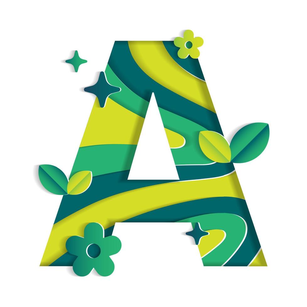 A Alphabet Character Environmental Eco Environment Day Leaf Font Letter Cartoon Style Abstract Paper Sparkle Shine Green Mountain Geography Contour Map 3D Paper Layer Cutout Card Vector Illustration