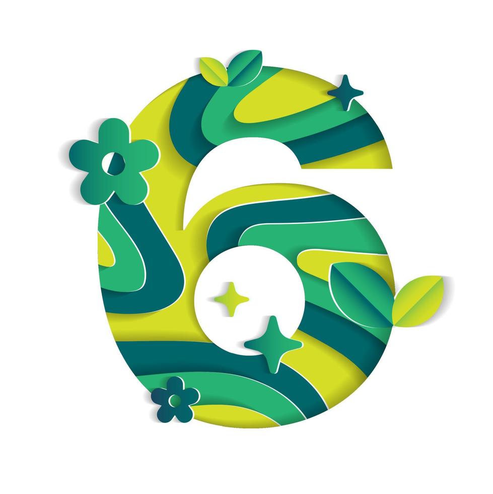 6 Numeric Number Character Environmental Eco Environment Day Leaf Font Letter Cartoon Style Abstract Paper Sparkle Shine Green Mountain Geography Contour 3D Paper Layer Cutout Card Vector Illustration