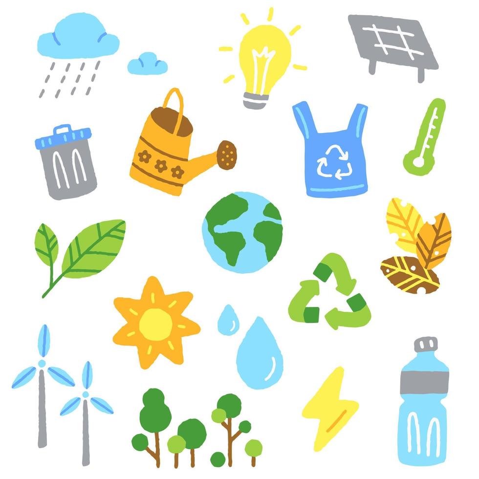 Environment Icon Set Cute Flat Outline Doodle Hand Drawing Style Decoration Element Symbol Vector Illustration, sun, solar cell, earth, watering pot, Plastic Bag, greenhouse, tree, turbine, Bottle