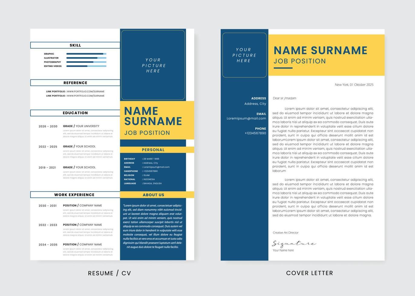 plantilla de diseño de currículum y carta de presentación de minimalis cv. diseño moderno profesional súper limpio y claro. elementos minimalistas elegantes e iconos con color azul y amarillo - plantilla vectorial. vector