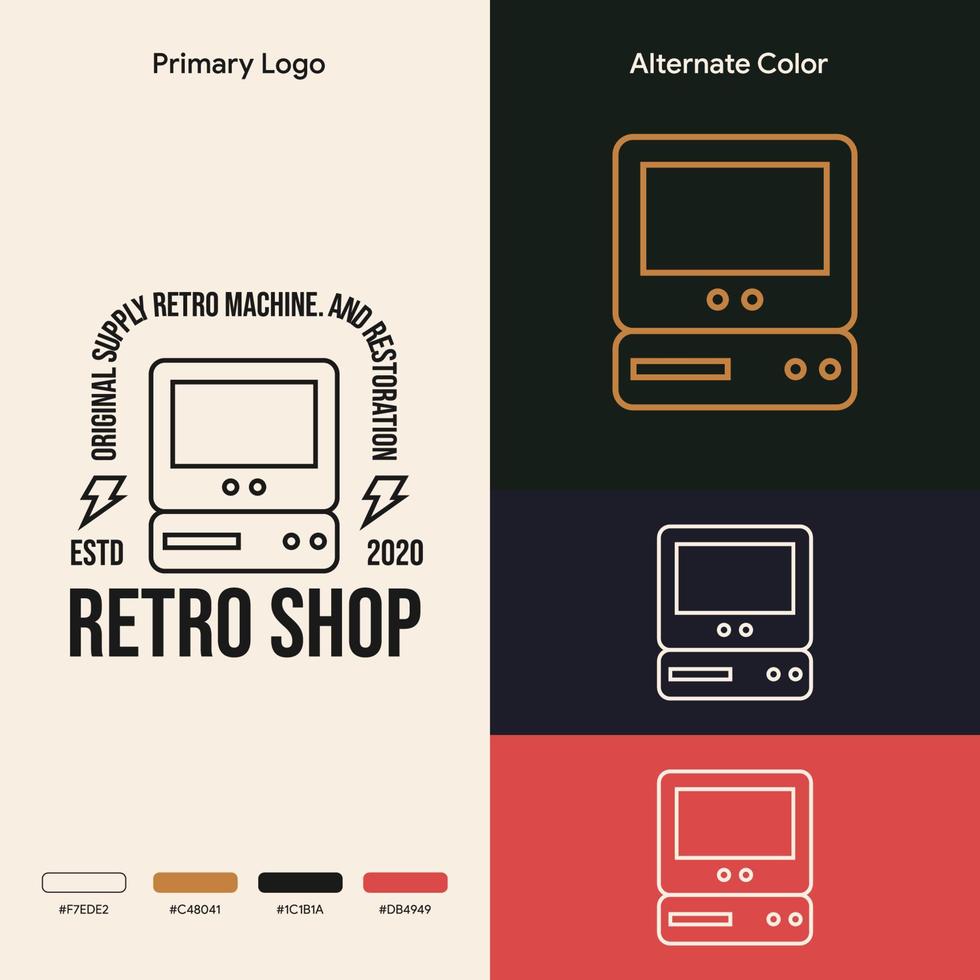 concepto de logotipo retro de computadora de esquema vector