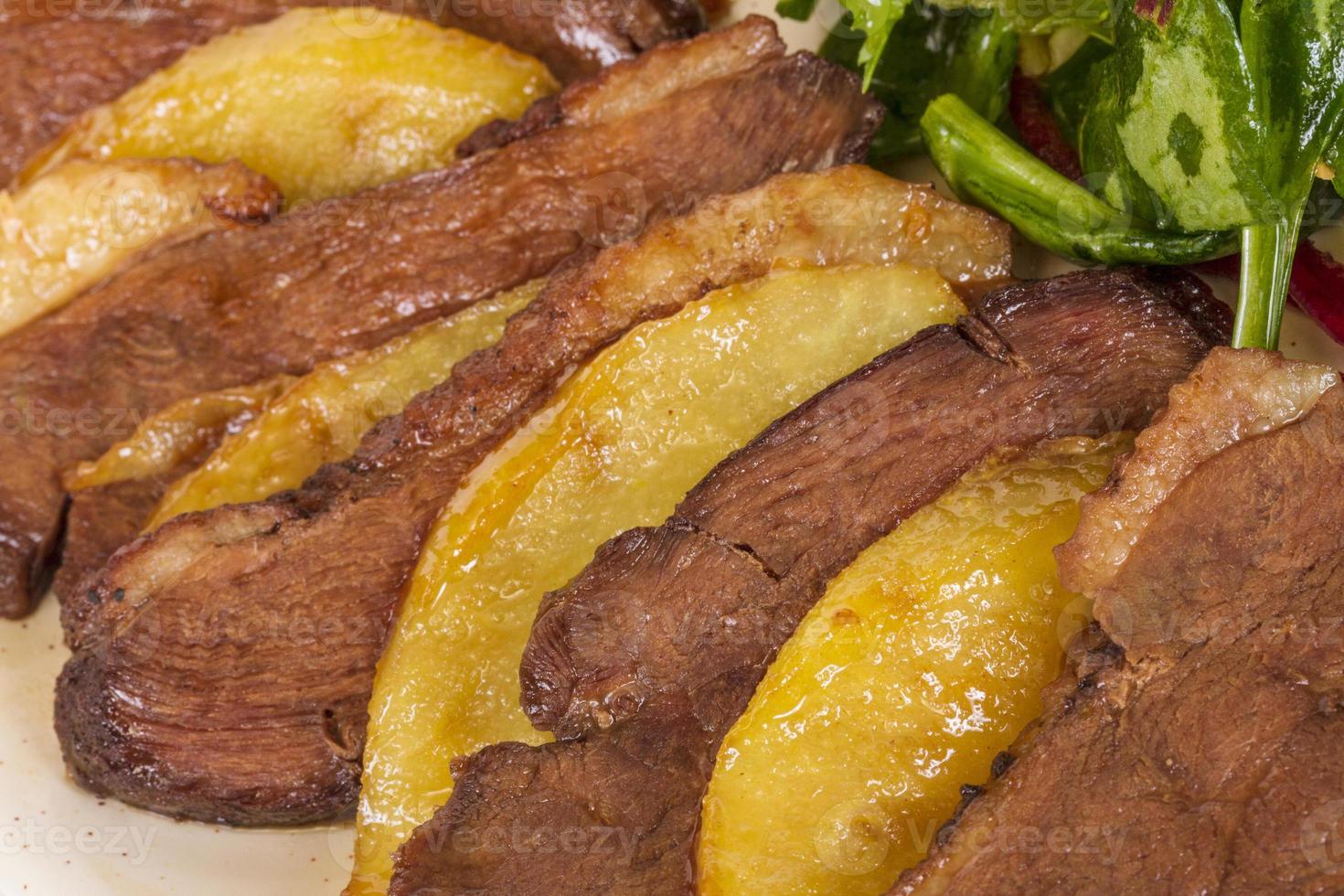 duck fillet, mashed potatoes seasoned with truffle oil, fig and aniseed sauce photo